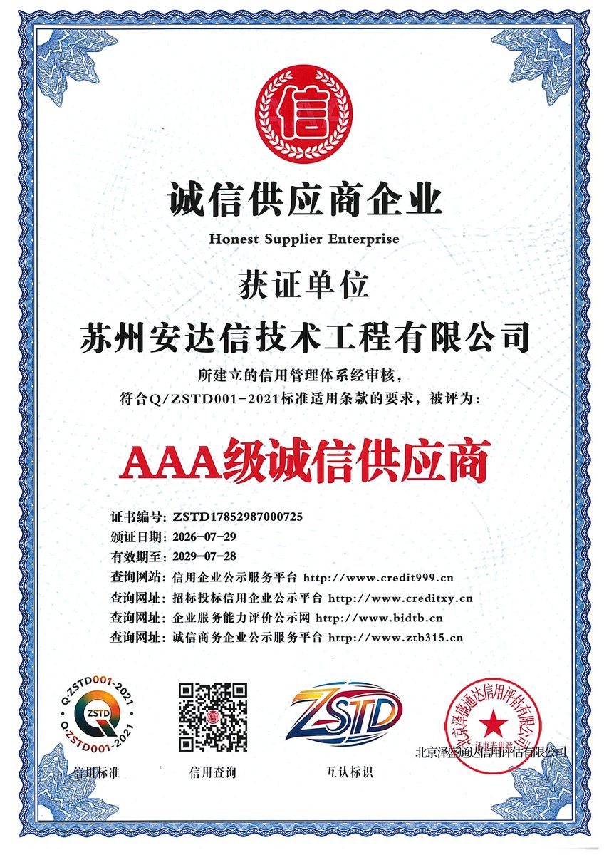 AAA企业信用等级证书